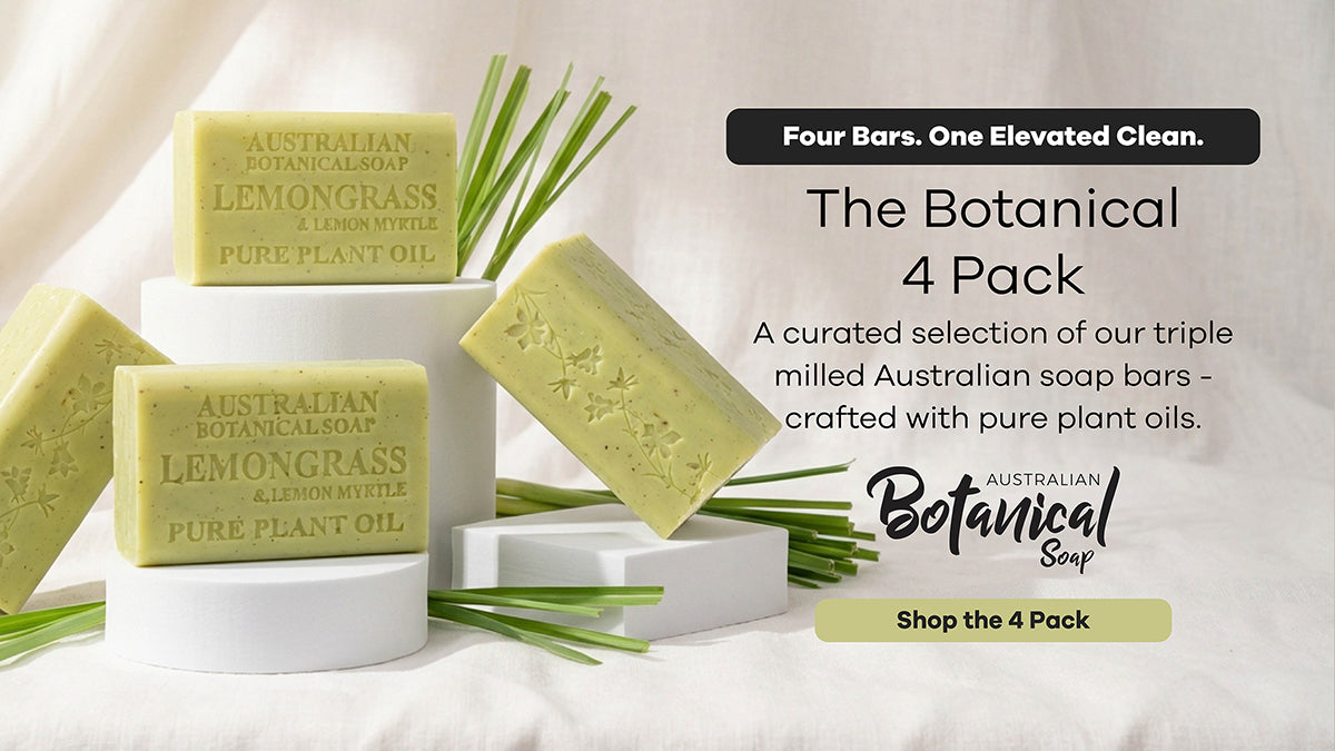Four bars of Australian Botanical Soap with lemongrass scent on a white background.