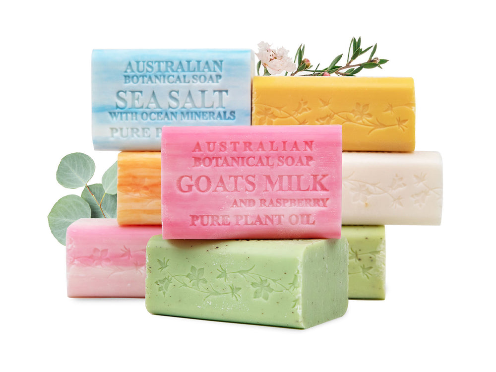 Assorted bars of Australian botanical soap with visible branding on a white background