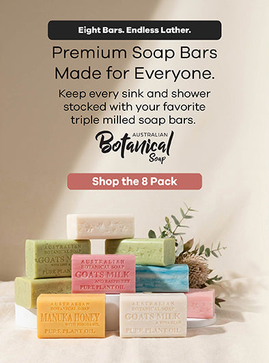 Collection of Australian Botanical Soap bars with promotional text on a neutral background