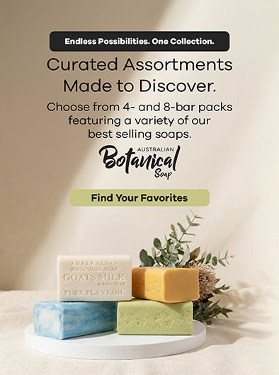Four bars of soap on a white plate with text about Australian Botanical Soap assortments