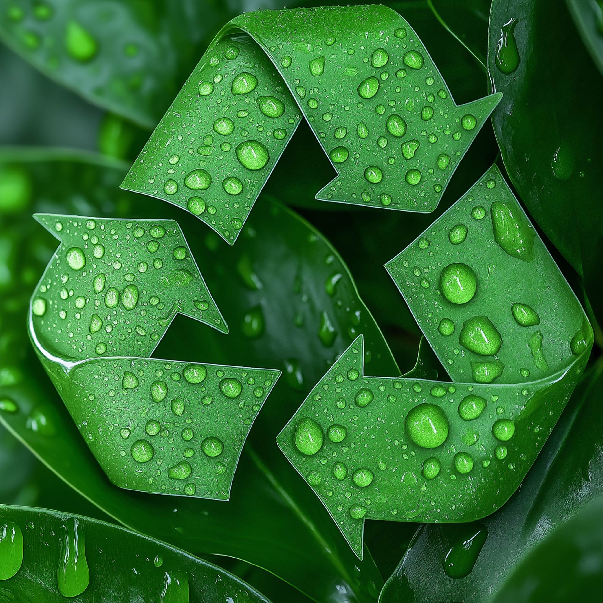 Recycling symbol with water droplets on green leaves