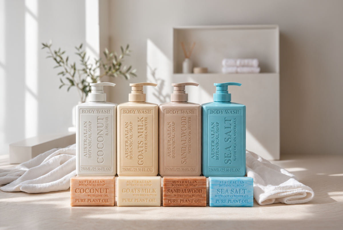 Four body wash bottles with complementary soaps on a off white background with greenery and linen