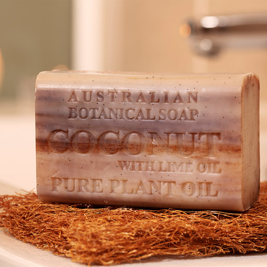 Bar of Australian Botanical Soap on a textured surface with a blurred background