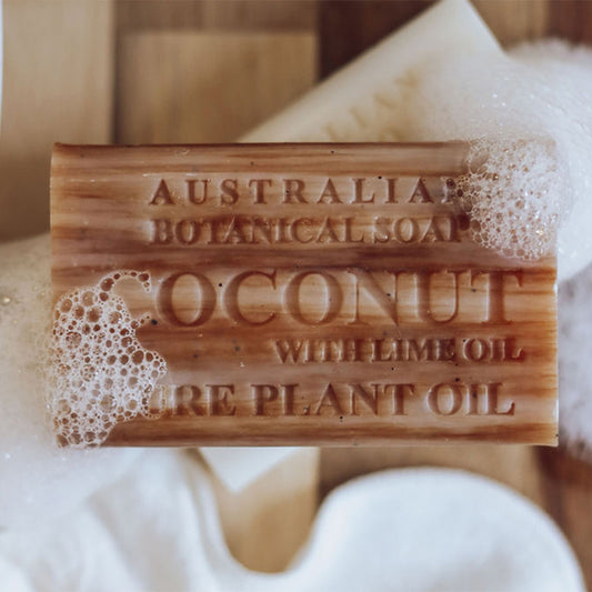 Bar of soap with 'Australia Botanical Soap' branding on a wooden background
