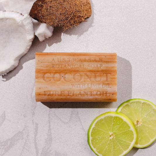 Bar of Australian Botanical Soap with coconut and lime on a light background