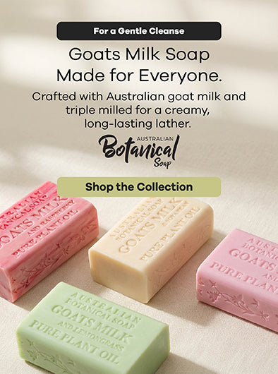 Four bars of Australian Botanical Soap goat milk soaps on a light background with promotional text.