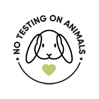 Logo with a bunny and heart, indicating 'No Testing on Animals'.