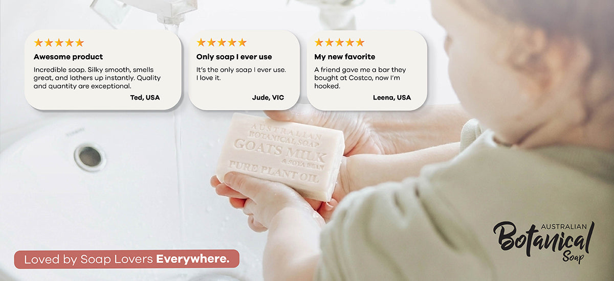 Child washing hands with Goats Milk soap bar at sink with parent and 3 positive customer reviews.