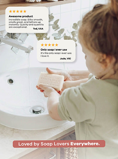 Child holding a bar of soap with product reviews displayed above