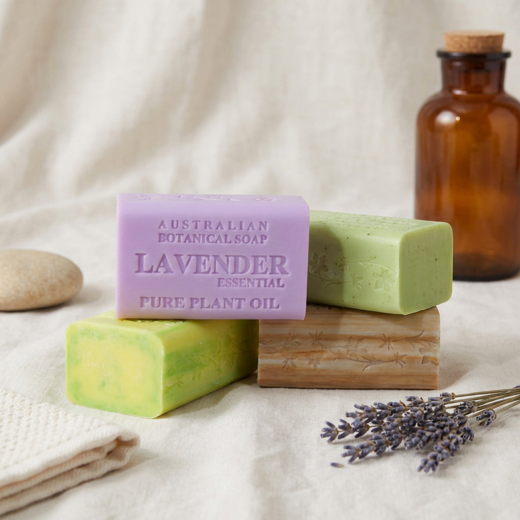 Australian Botanical Soap Essential Medley soaps on a white background with an essential oil bottle and a lavender sprig.