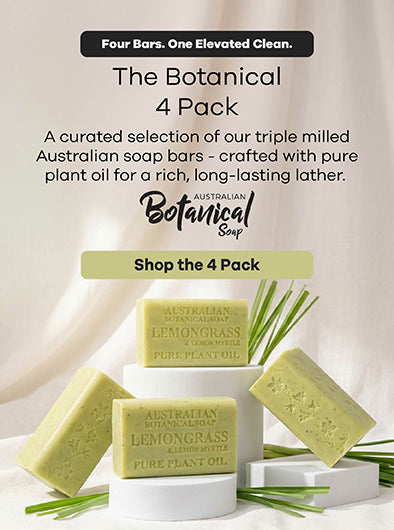 Australian Botanical Soap lemongrass soap bars with promotional text on a light background