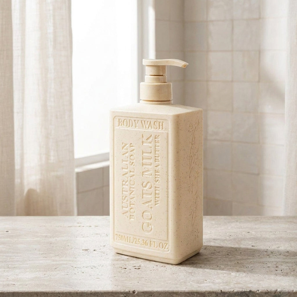 Australian Botanical Soap Goats Milk with Shea Butter Body Wash in a creamy yellow pump bottle