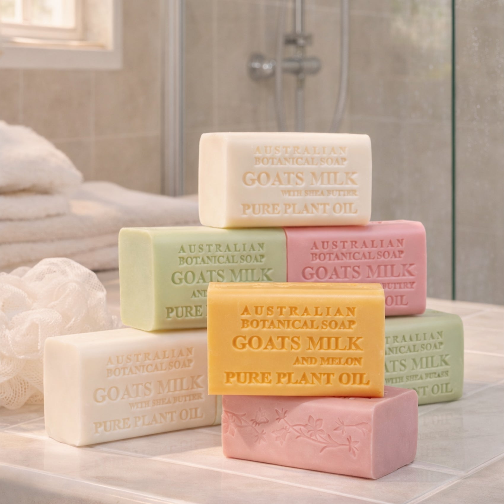 Stack of Australian Botanical Soap bars with goats milk and pure plant oil on a bathroom counter.