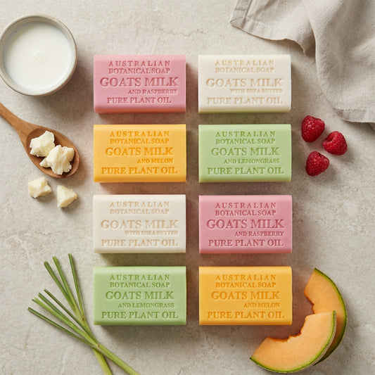 Assorted bars of Australian Botanical Soap with Goats Milk on a neutral background