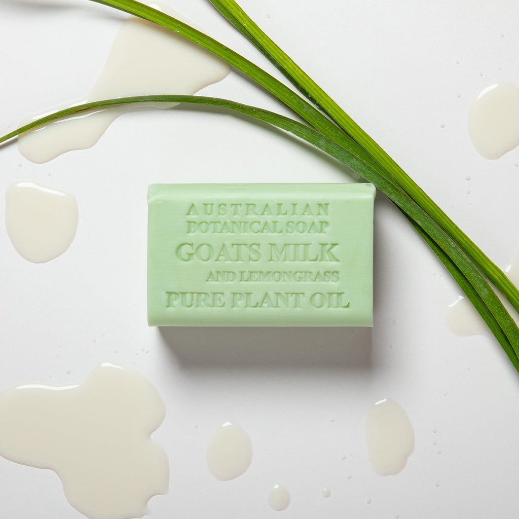 Bar of Australian Botanical soap with goat's milk and lemongrass on a white background