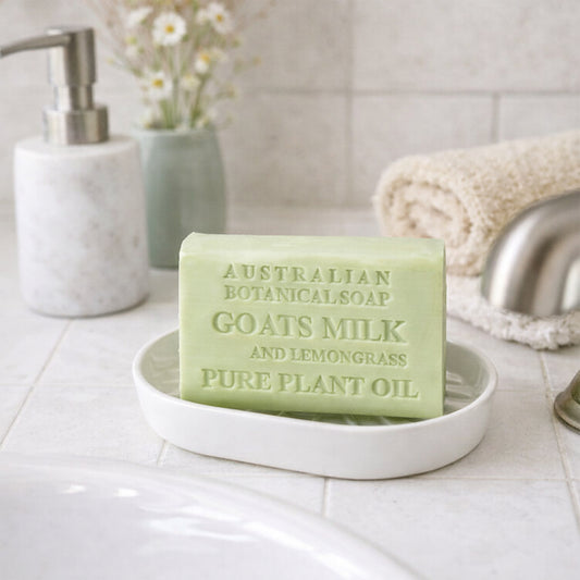 Green bar of Australian Botanical Soap with eucalyptus scent on a white background