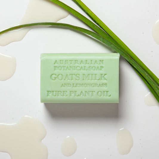 Bar of Australian Botanicals soap with goat's milk and lemongrass on a white background