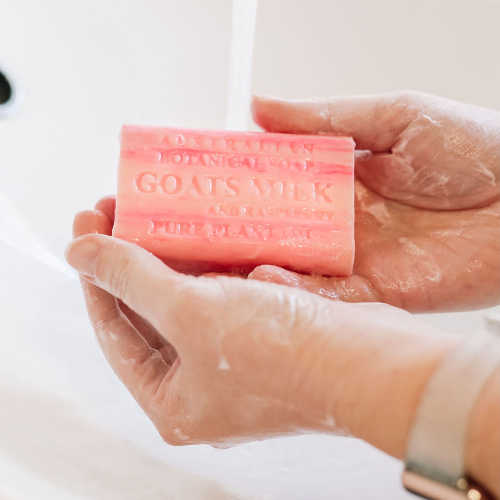 Hand holding a bar of soap with 'Goats Milk' branding against a white background