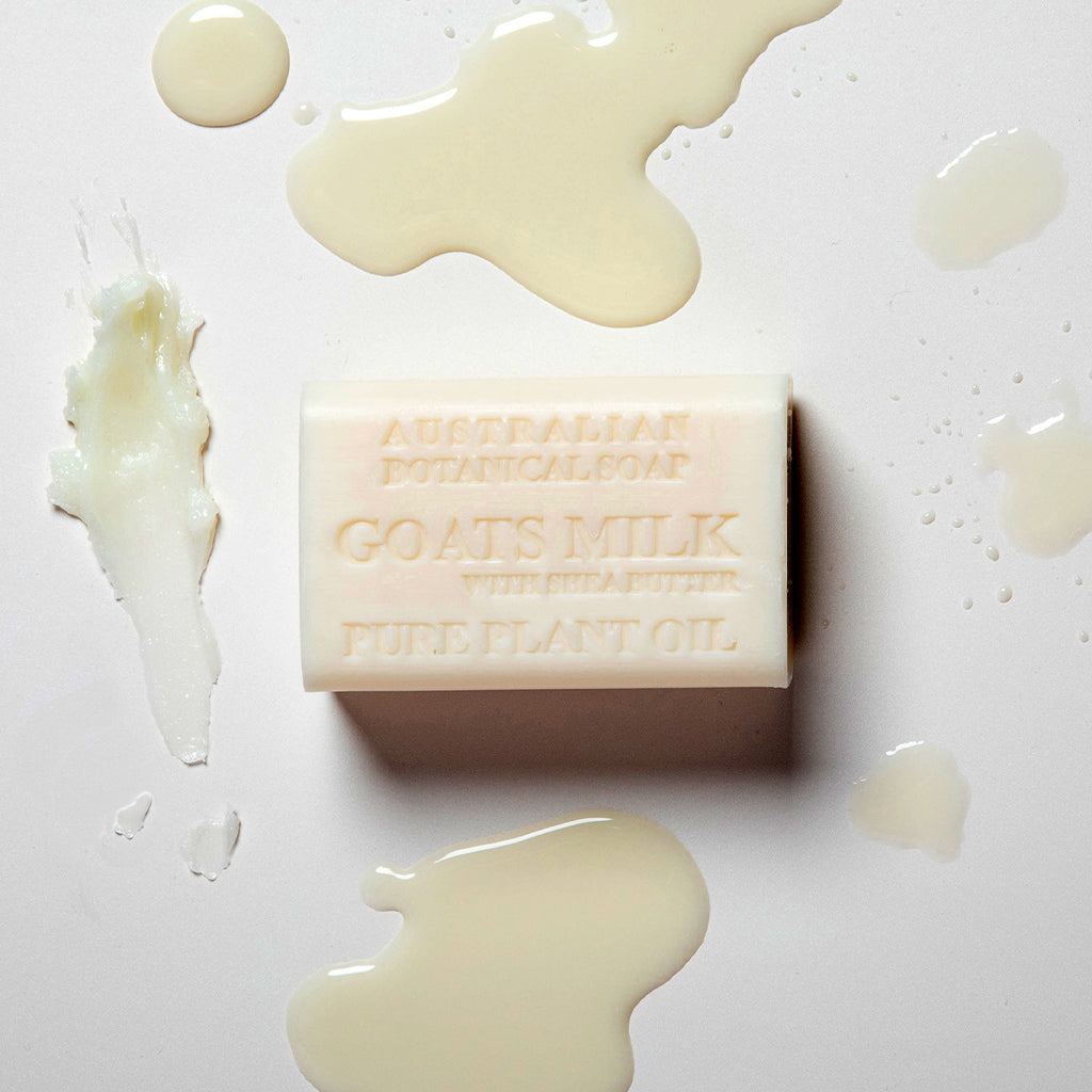 Bar of soap with 'Australian Botanical' branding on a white background goats milk and shea butter