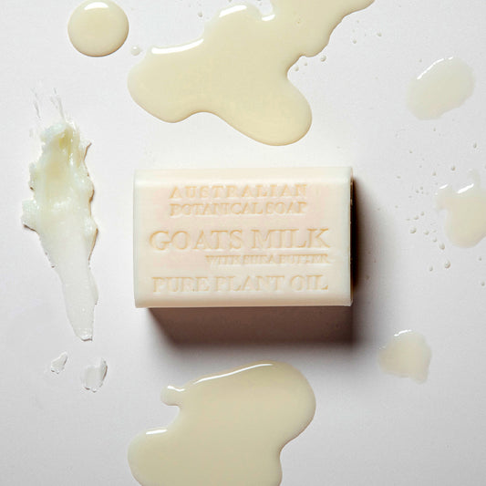 Bar of soap with 'Australian Botanical' branding on a white background with goats milk and shea butter