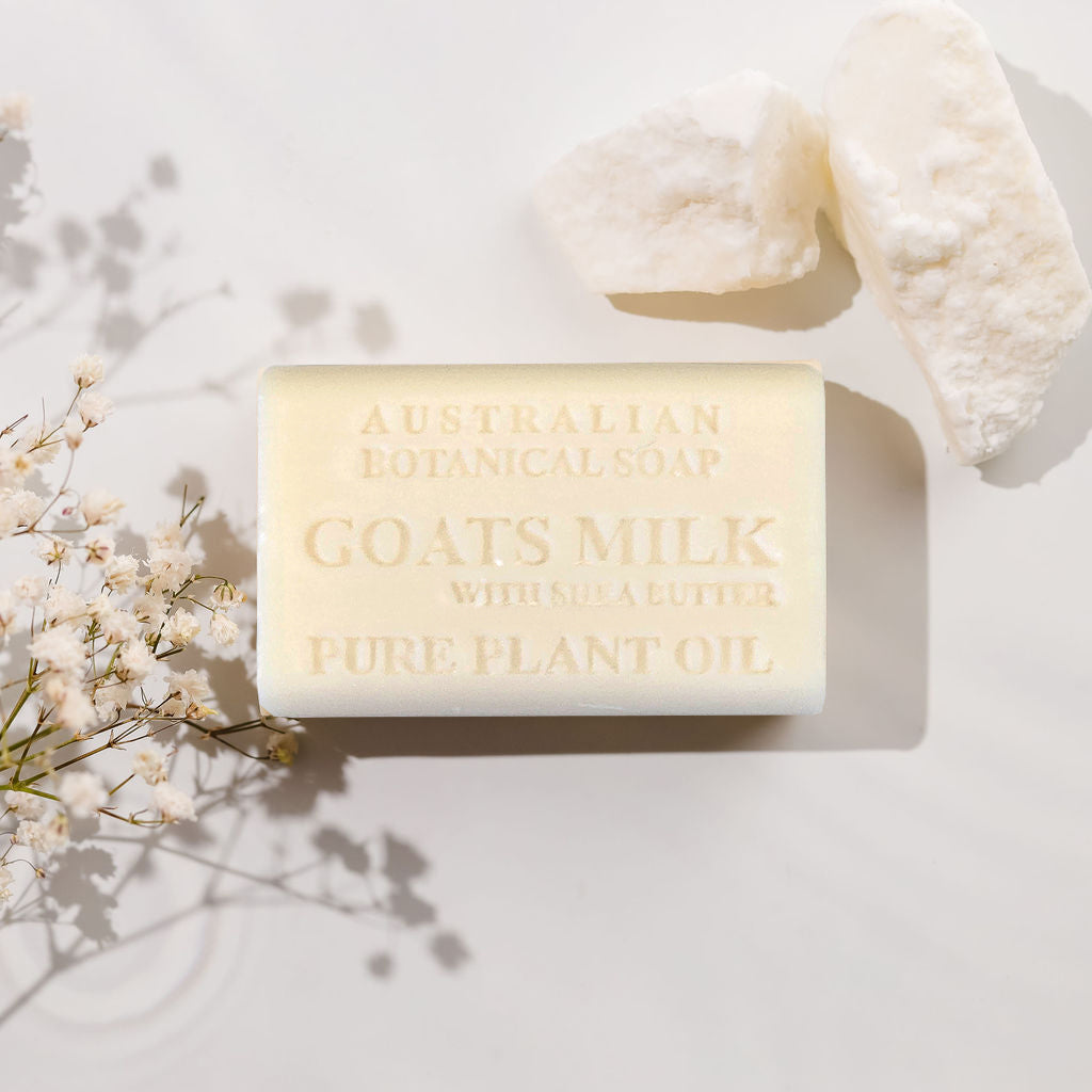 Bar of Australian Botanical Soap with Goats Milk on a light background