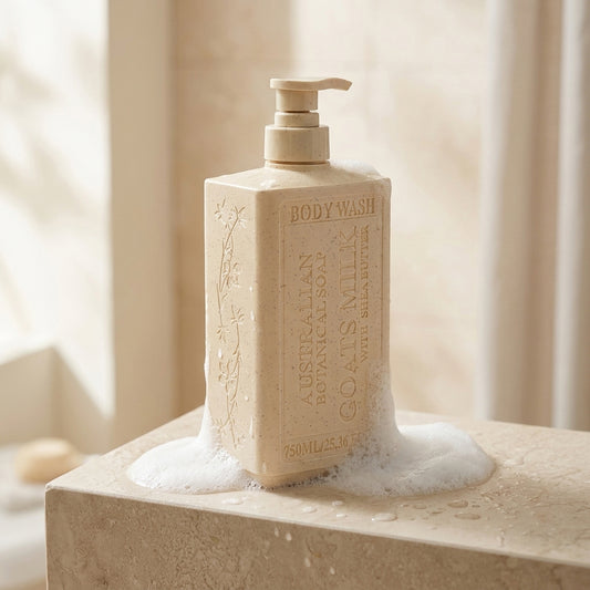 Goats Milk with Shea Butter body wash bottle on shelf with creamy lather