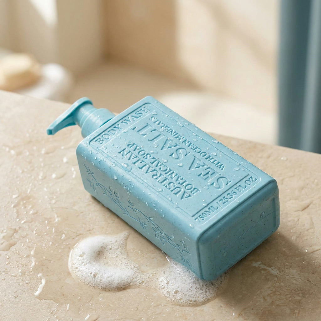 Sea Salt with Ocean Minerals body wash bottle on counter with suds and water.