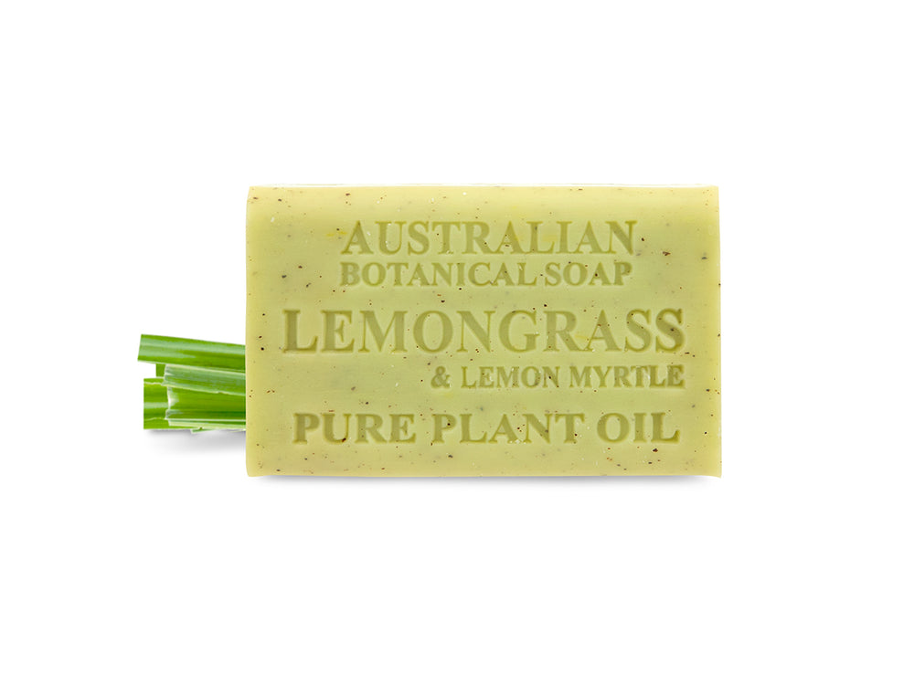 Bar of Australian Botanical Soap with lemongrass and lemon myrtle scent on a white background