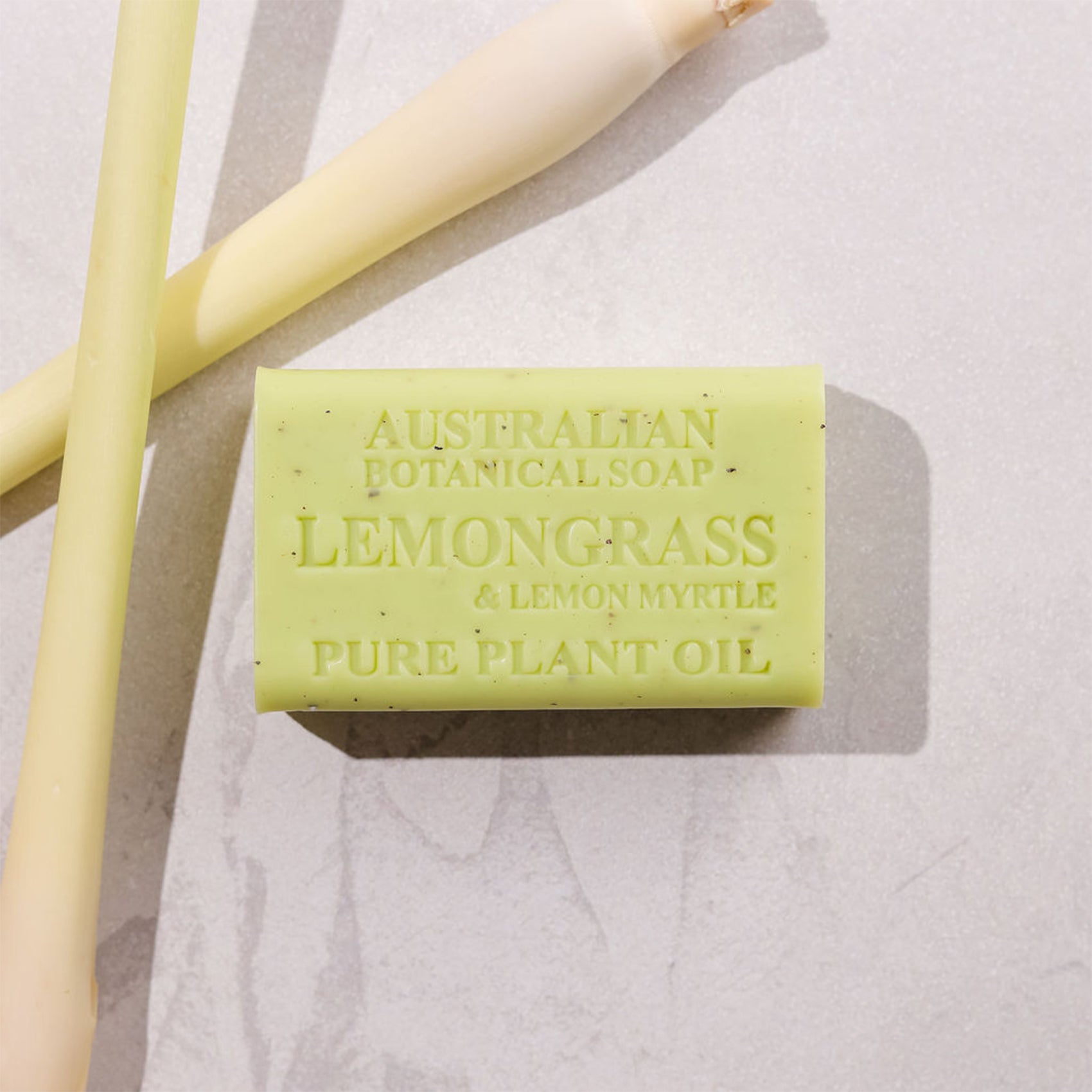 Bar of Australian Botanical Soap with lemongrass and lemon myrtle on a light background