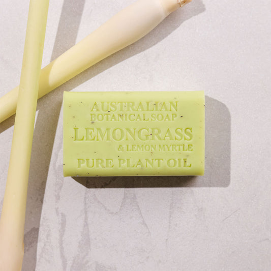 Bar of Australian Botanical Soap with lemongrass and lemon myrtle on a light background