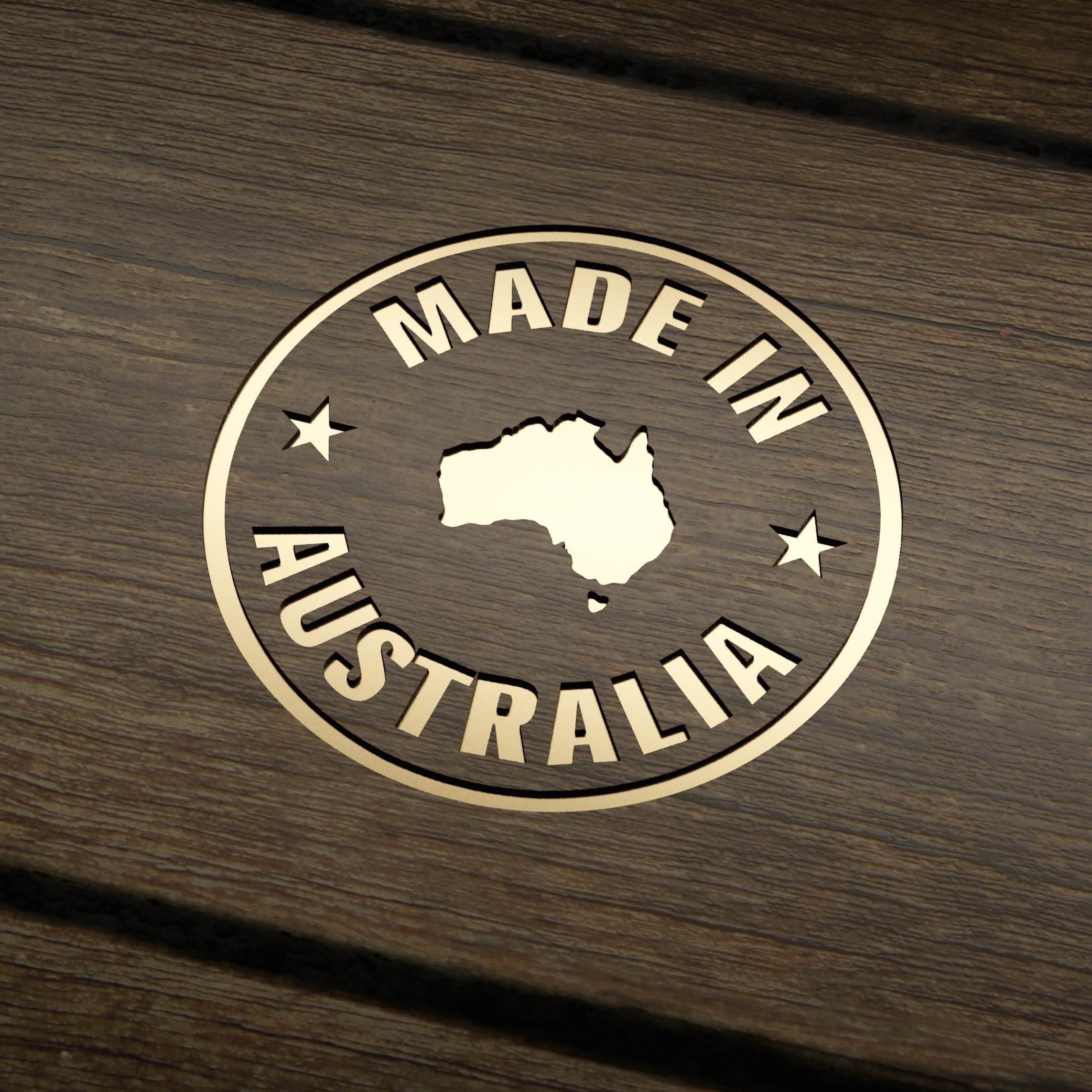 Gold 'Made in Australia' stamp on a wooden background