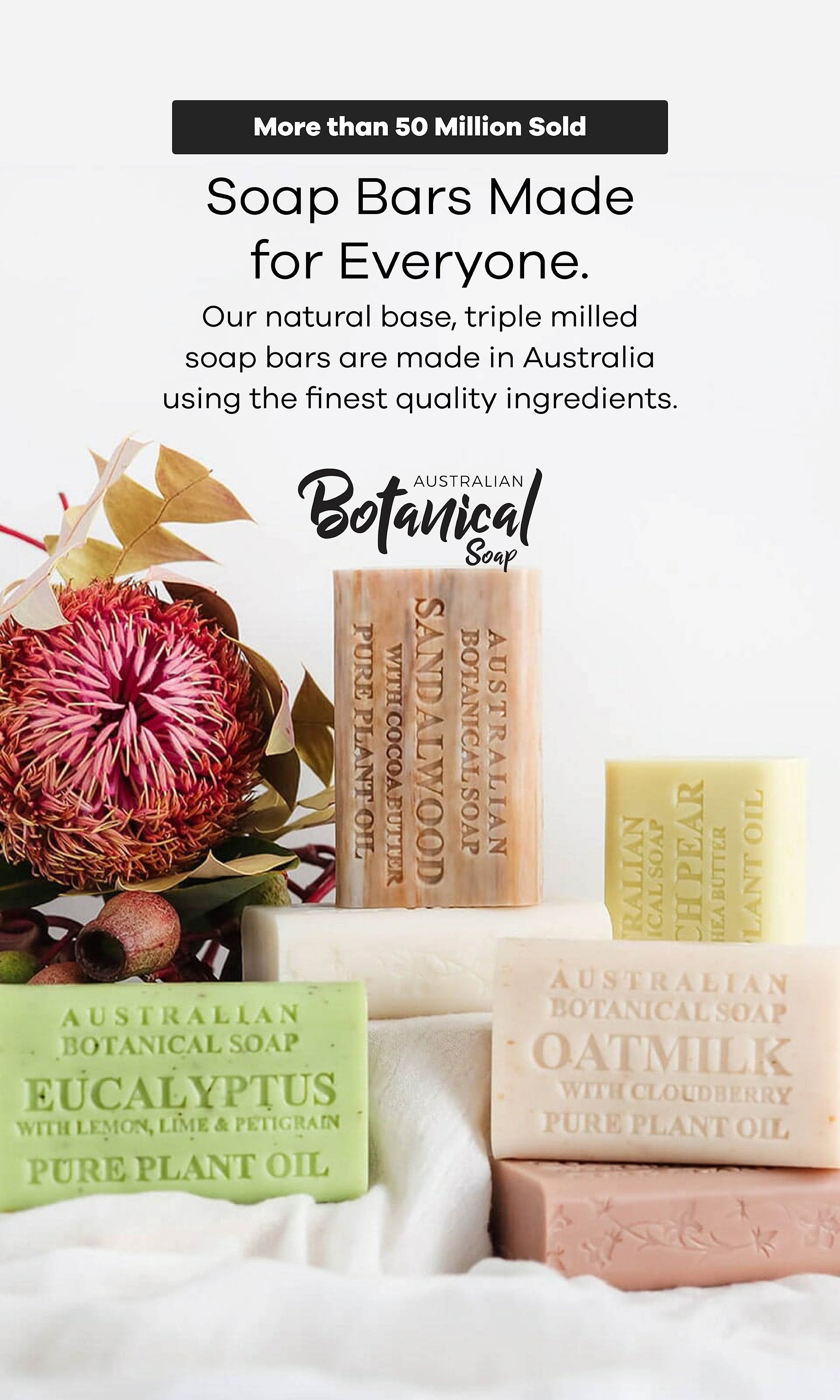 Australian Botanical Soap bars with flowers on a white background