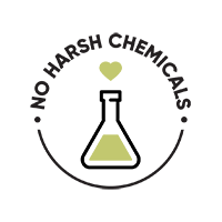 Logo with a beaker and heart symbol, indicating 'No Harsh Chemicals'.