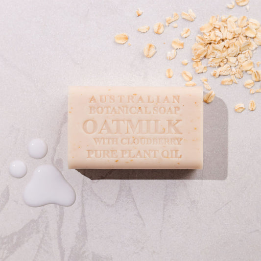 Bar of Australian Botanical Soap with Oatmilk on a light background
