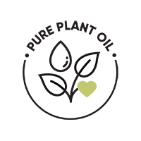 Logo for pure plant oil with leaves and a heart symbol.