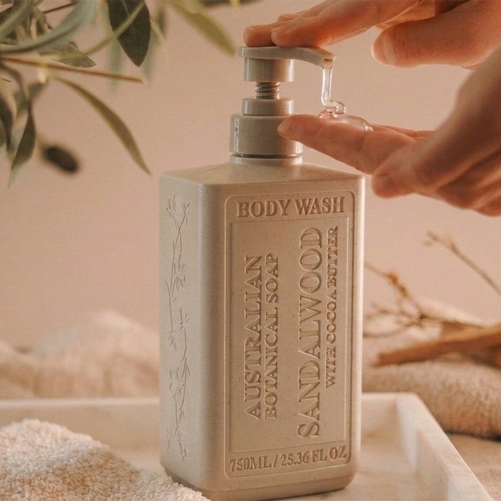 Australian Botanical Soap Sandalwood with Cocoa Butter Body Wash in a warm beige pump bottle