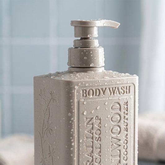 Close up of Sandalwood body wash bottle with water droplets
