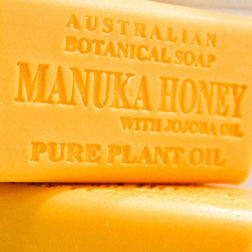 Bar of Australian Botanical Soap with Manuka Honey and Jojoba Oil on a white background