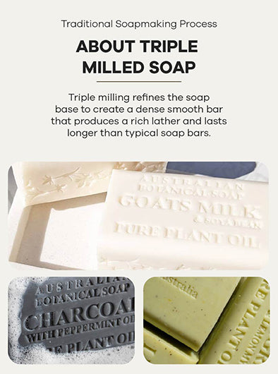 Triple milled soap with text explaining the process and benefits