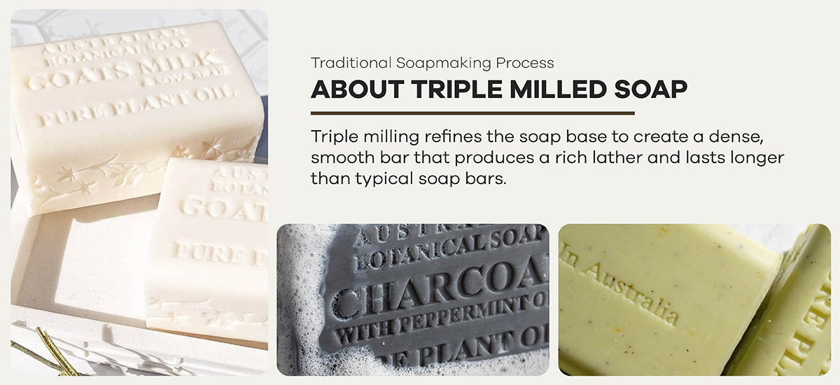 Three different types of soap bars with text about triple milled soap making process.