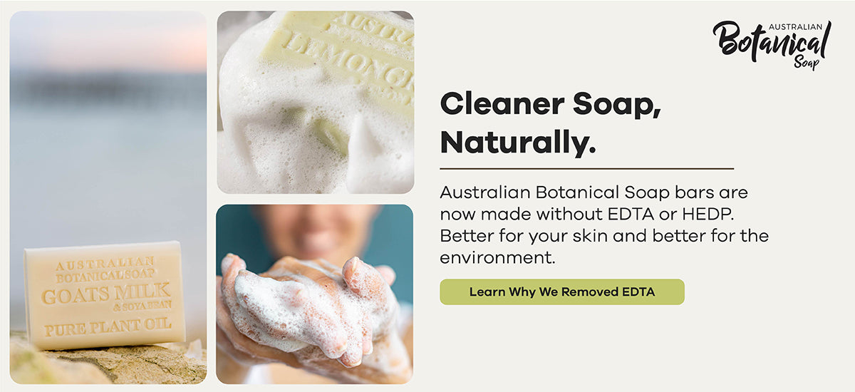 Australian Botanical Soap bars with text highlighting benefits and removal of EDTA or HEPD.
