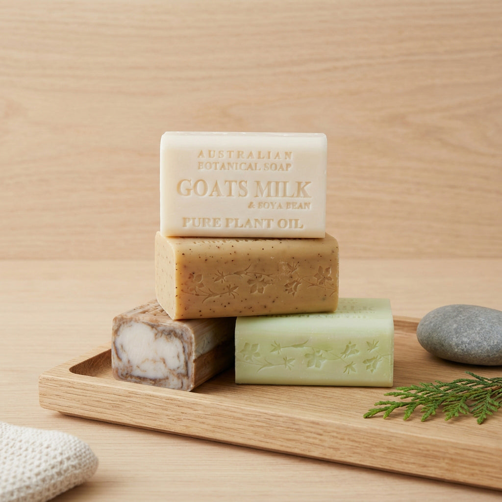 Australian Botanical Soap Woodsy Medley soap bars on a wooden tray with a cedar sprig and a stone on a natural background.