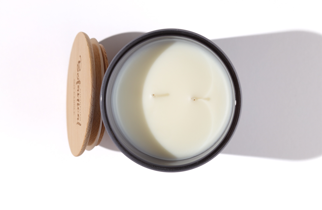 Coconut and Lime Soy Candle overhead shot with wooden lid off and to the side