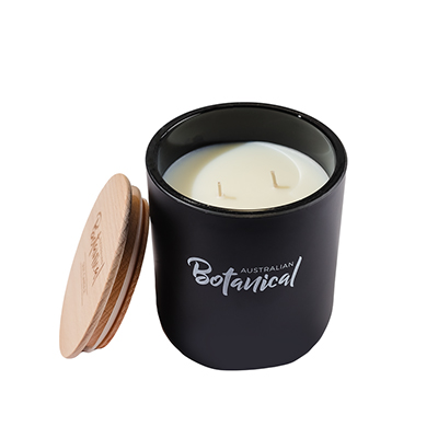 Sweet Sandalwood Soy Candle with wooden lid off and to the side