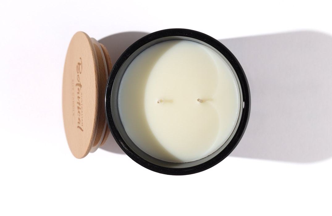 Sweet Sandalwood Soy Candle overhead shot with wooden lid off and to the side